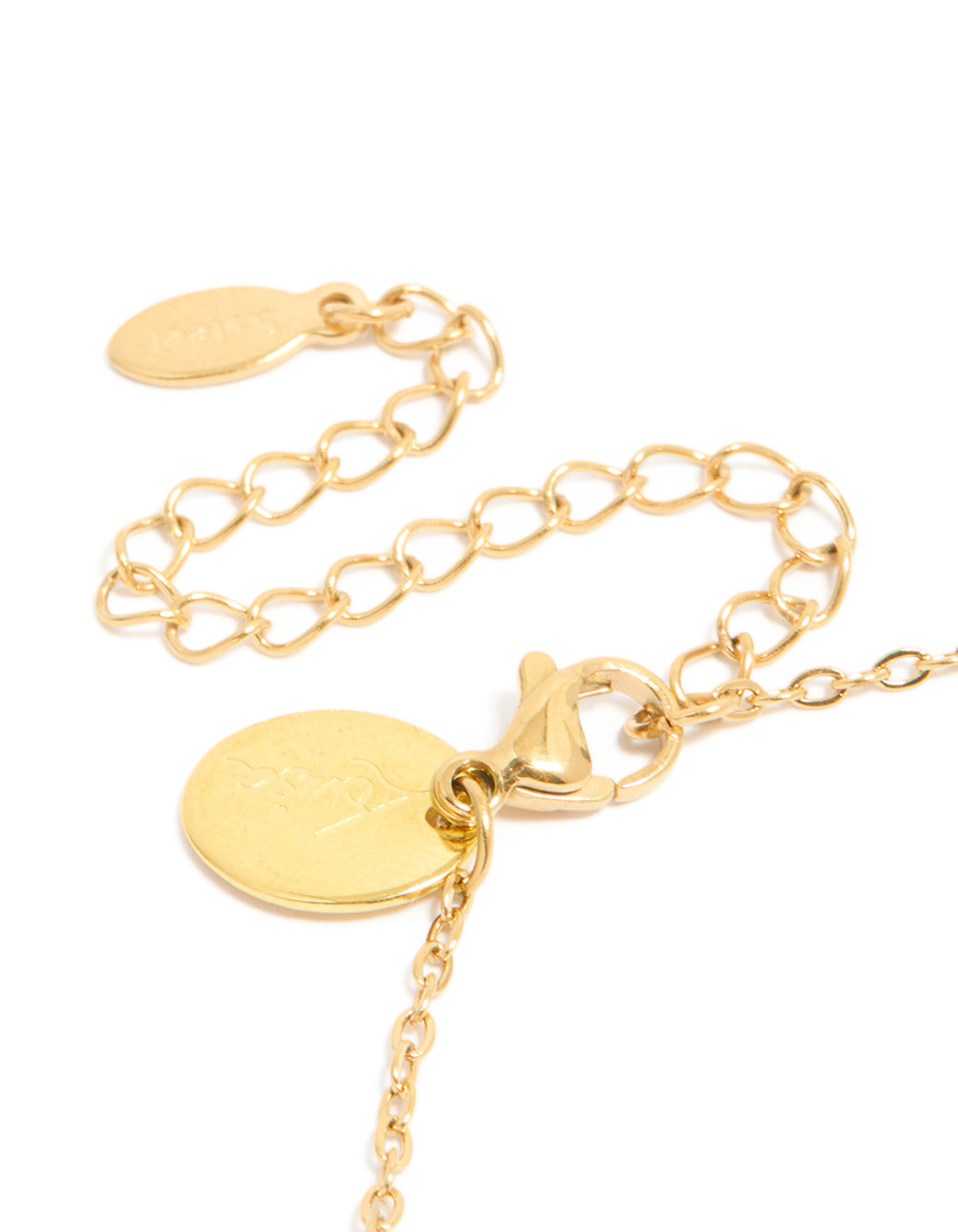 Detailed view of waterproof floral charm bracelet in gold plated stainless steel with white accents and adjustable closure detail view