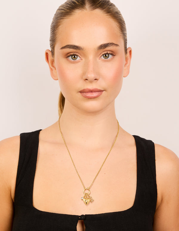 Gold Plated Bubble E & Heart Charm Necklace