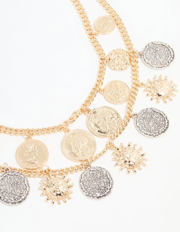 Gold Mixed Metal Coin Layered Necklace