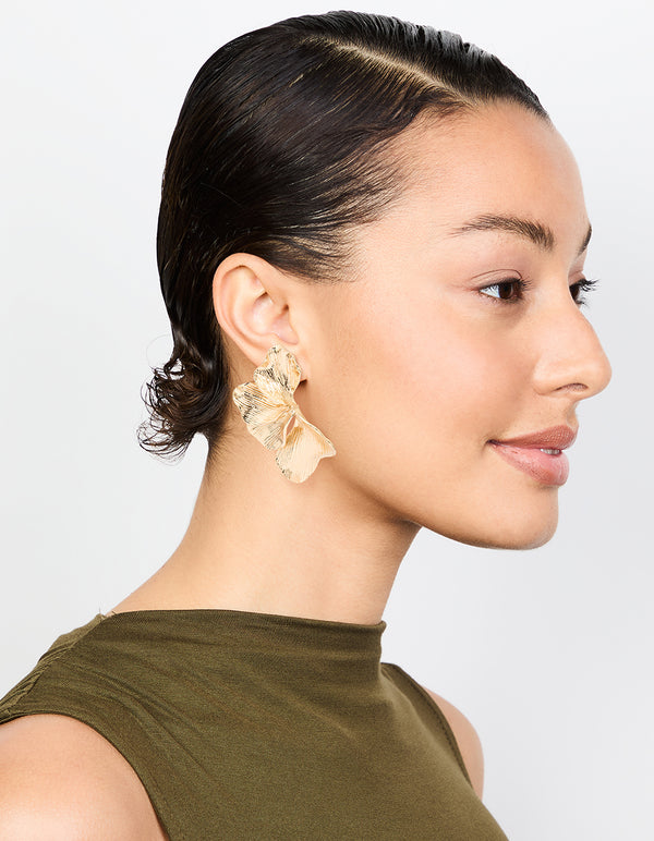 Gold Etched Large Leaf Drop Earrings