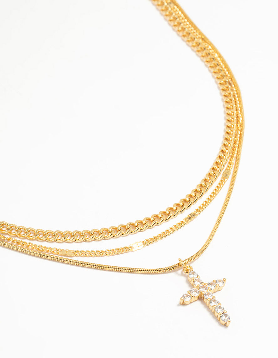 Gold Plated Cross & Chain Layered Necklace