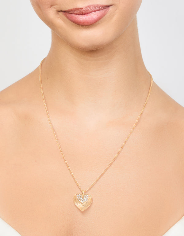 Gold Cubic Zirconia Textured Heart Pendant Necklace