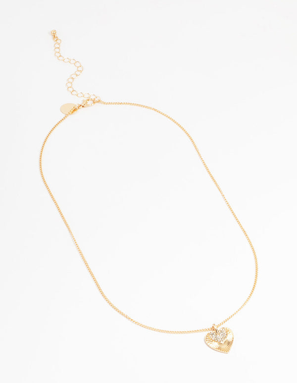 Gold Cubic Zirconia Textured Heart Pendant Necklace