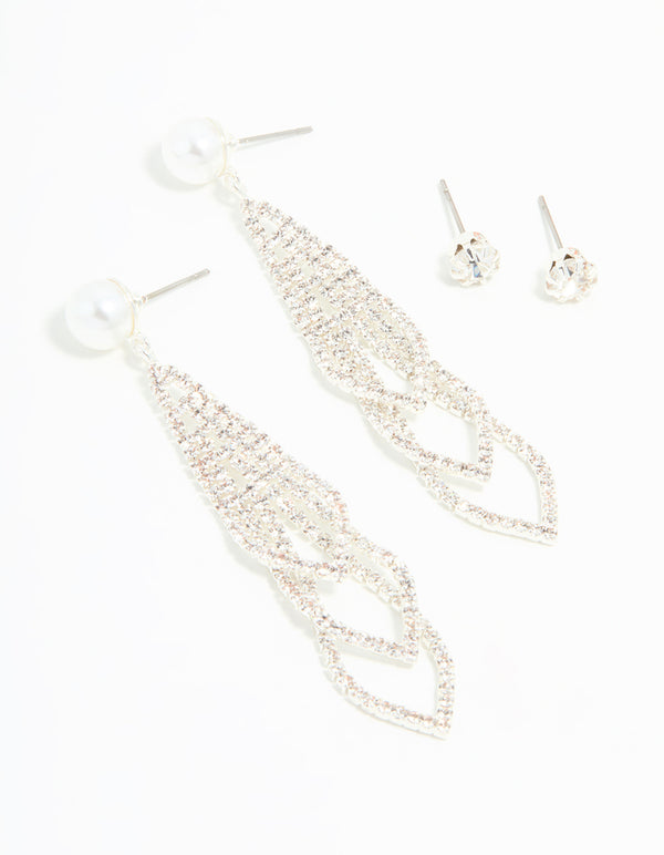 Silver Diamante Pearl Triangular Layered Earrings 2-Pack