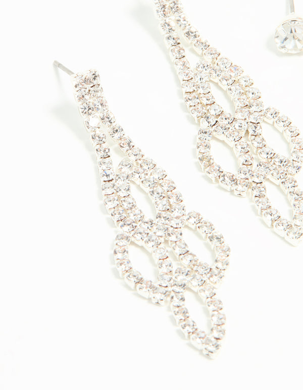 Silver Ornate Diamante Drop & Stud Earrings 2-Pack