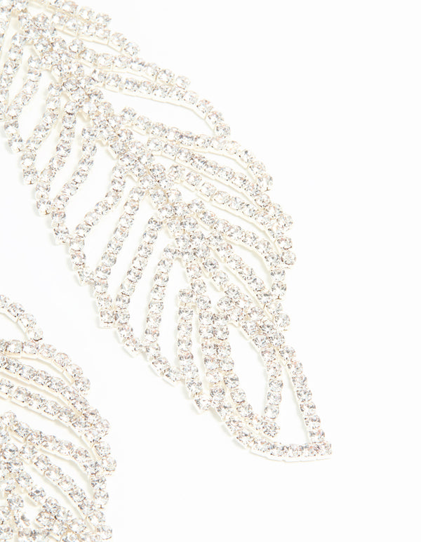 Silver Diamante Leaf Outline Hook Large Drop Earrings