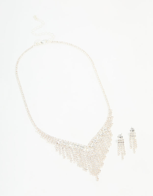 Silver Diamante Cupchain Tassel Vine Necklace & Earrings Set
