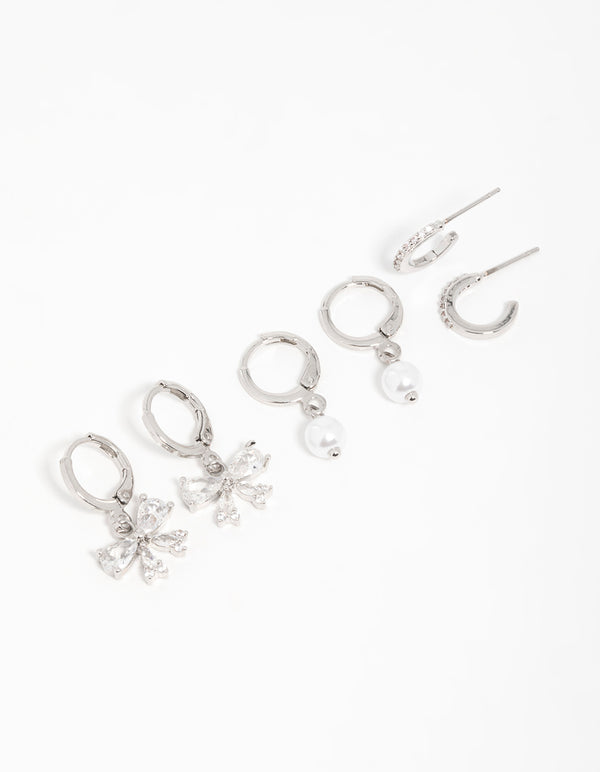 Silver Cubic Zirconia Pearl Bow Huggie Earrings 3-Pack