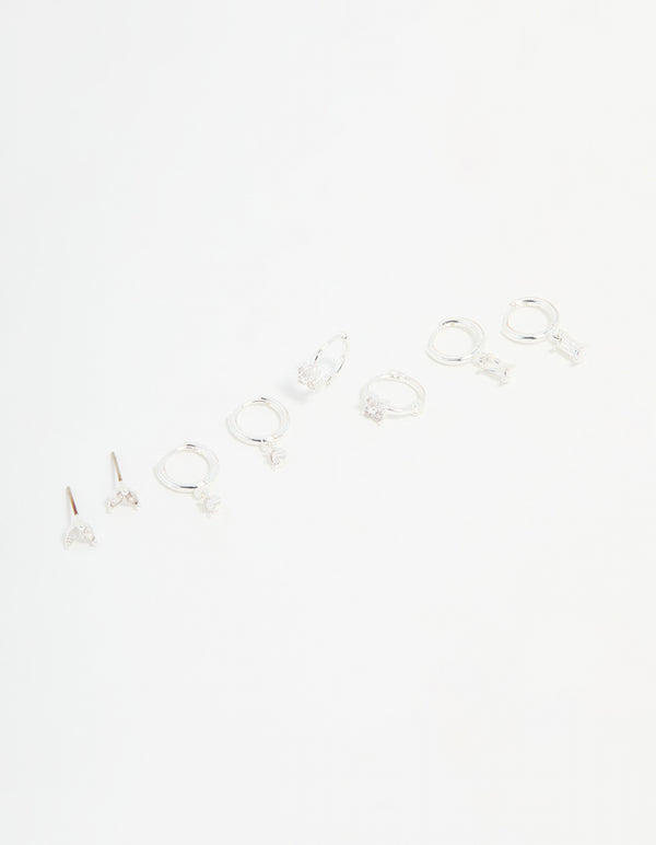 Silver Plated Brass Diamante Baguette Flower Hoop & Stud Earrings 4-Pack