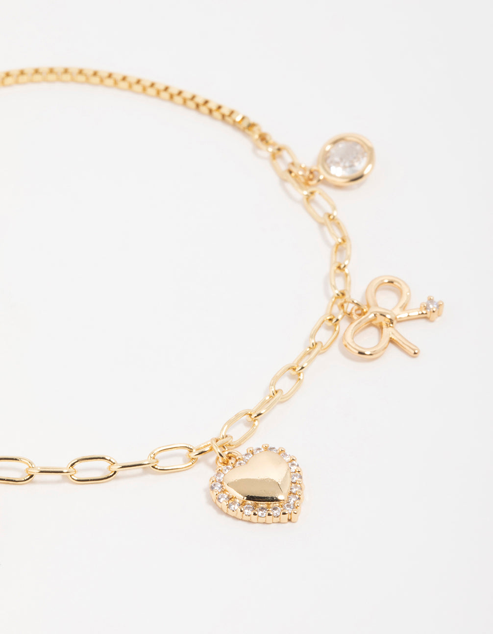 Gold Plated Brass Cubic Zirconia Heart & Bow Charm Bracelet