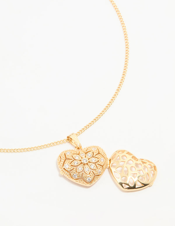 Gold Plated Cubic Zirconia Heart Locket Pendant Necklace