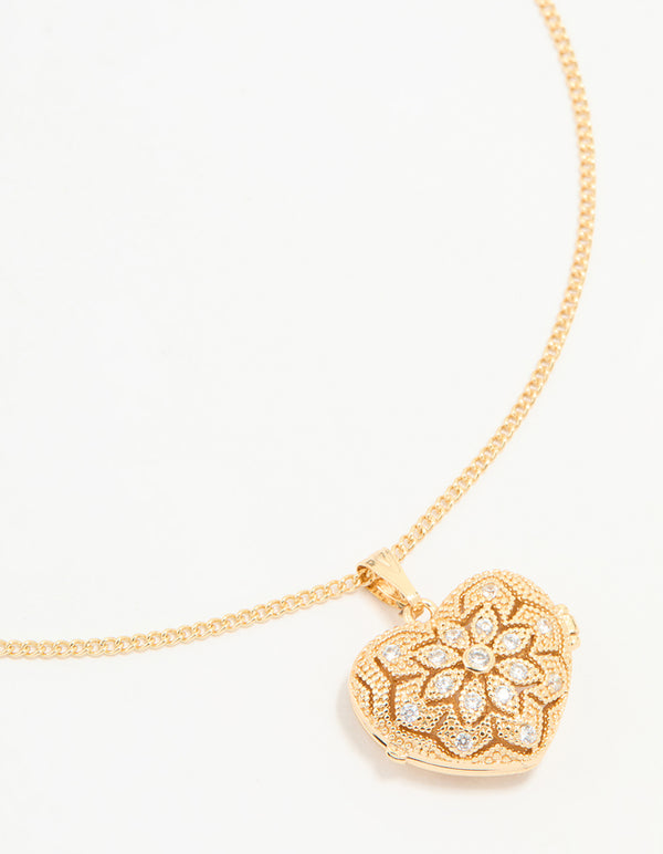 Gold Plated Cubic Zirconia Heart Locket Pendant Necklace
