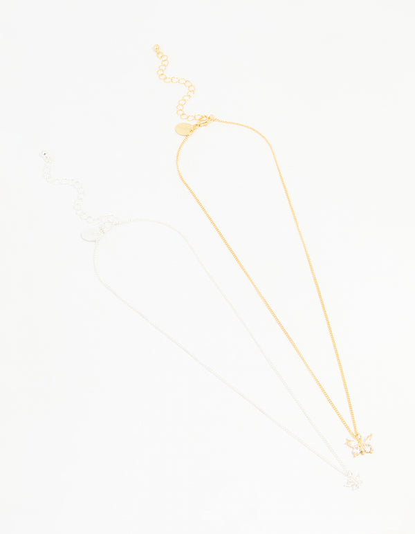 Mixed Metal Cubic Zirconia Butterfly Link Necklace Pack