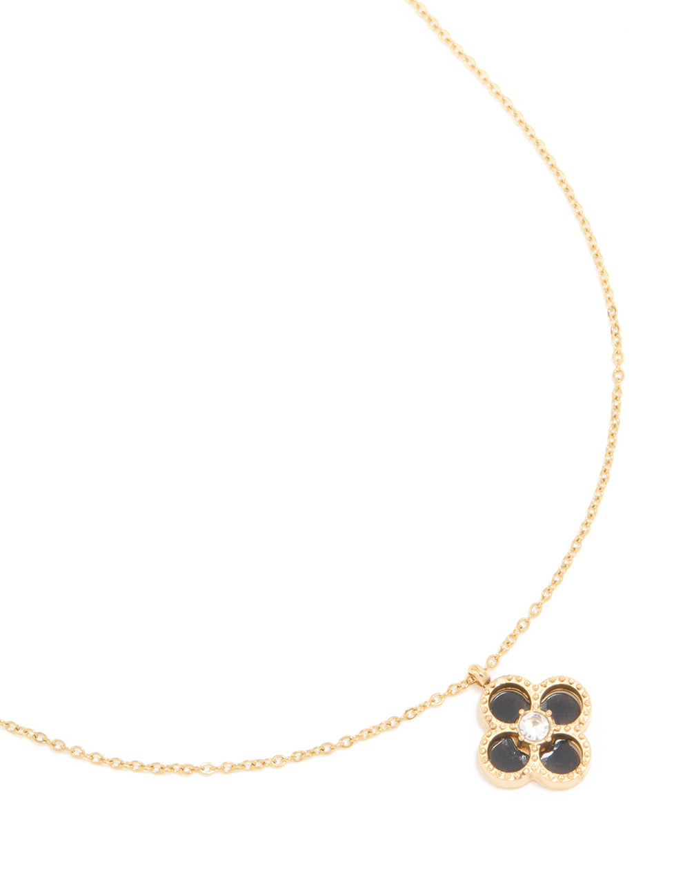 Showcasing a waterproof dainty floral pendant necklace crafted from stainless steel with gold plated finish and black accents close up view