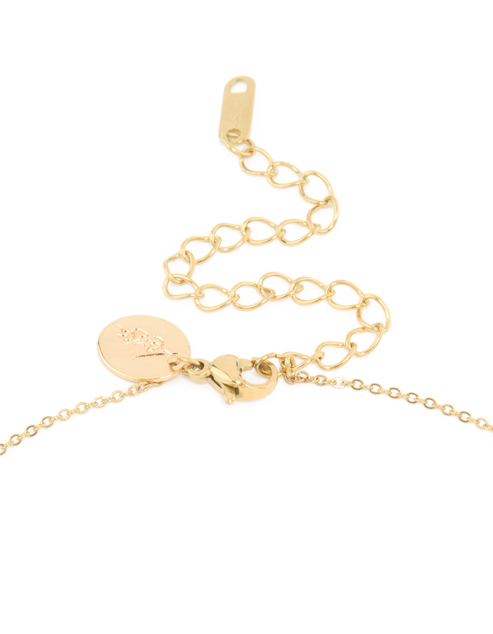 Highlighting the dainty waterproof floral pendant necklace in stainless steel with gold plated finish and black accents clasp detail view