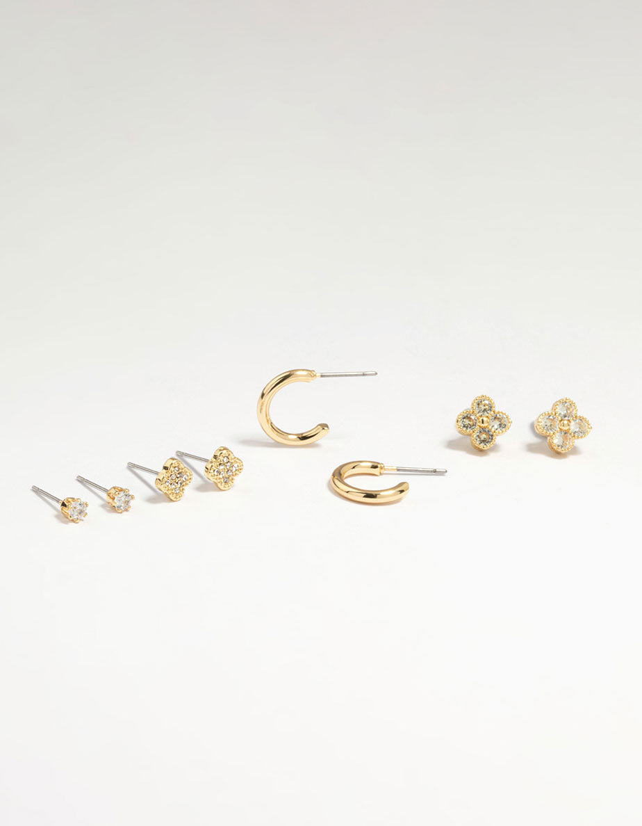 Gold Plated Brass Cubic Zirconia Flower Stud & Huggie Earrings 4-Pack
