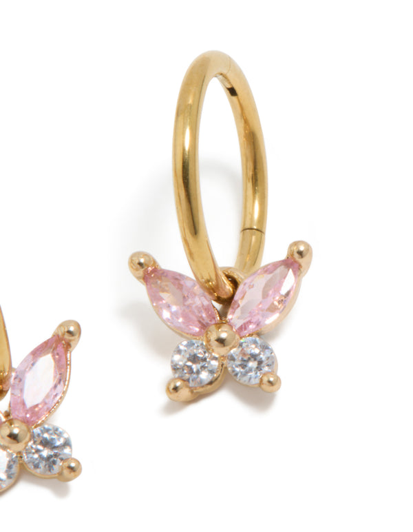 Gold Plated Surgical Steel Pink Cubic Zirconia Butterfly Sleeper Earrings