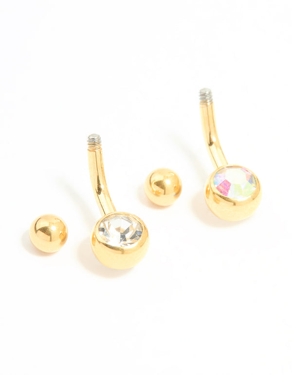 Gold Plated Titanium Cubic Zirconia Simple Belly Bars 2-Pack