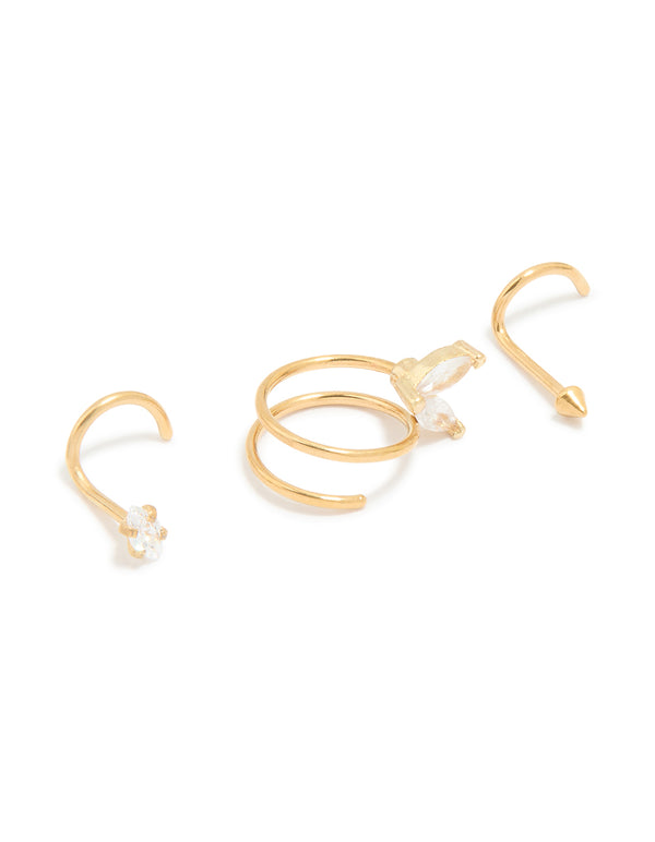 Gold Plated Surgical Steel Cubic Zirconia Nose Hook Studs & Nose Ring 3-Pack