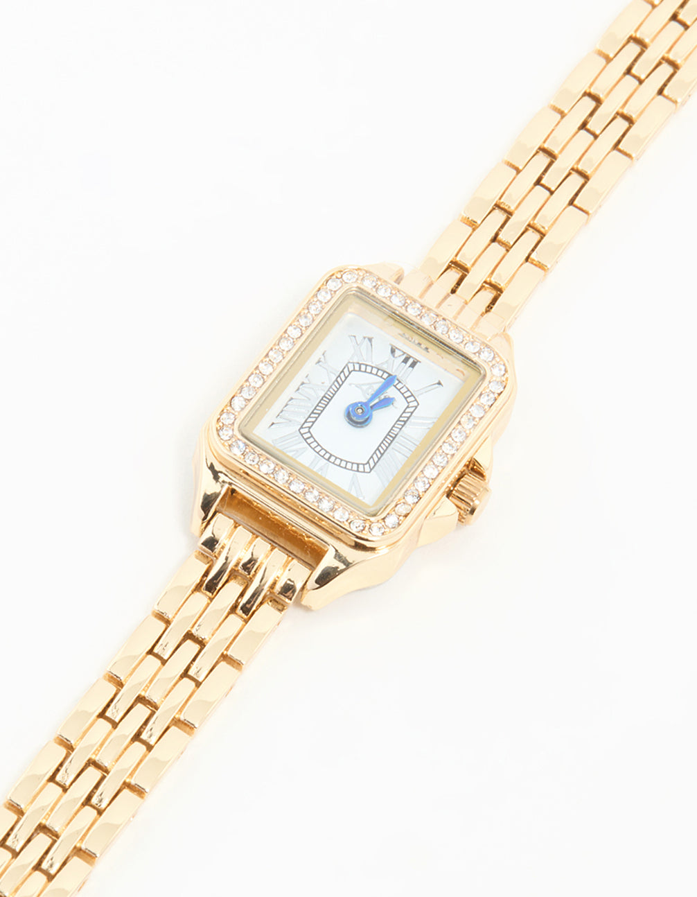 Showcasing a diamante mini rectangular watch with white dial featuring roman numerals, rectangular shape designed for women, formal occasions, analog display, statement link band in gold watch face detail view