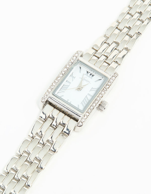 Silver Diamante Roman Numeral Rectangle Watch