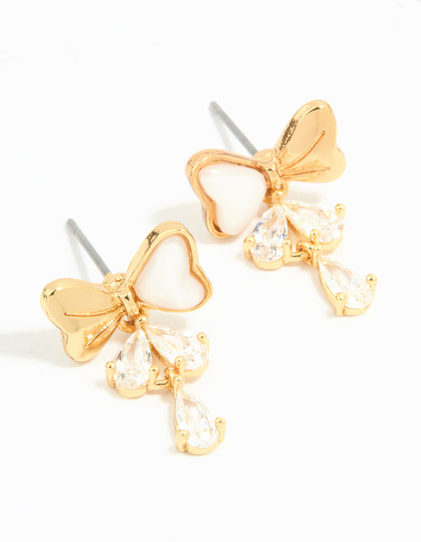 Gold Plated Cubic Zirconia Bow Teardrop Drop Earrings