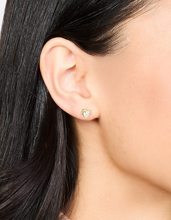 Gold Plated Cubic Zirconia Halo Heart Stud Earrings