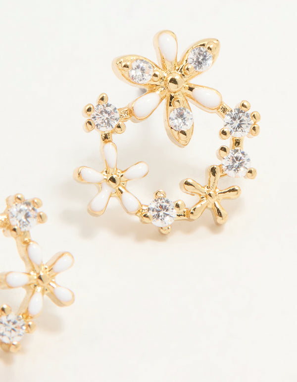 Gold Plated Cubic Zirconia Flower Wreath Stud Earrings