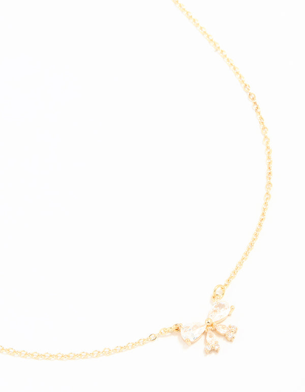 Gold Plated Cubic Zirconia Small Bow Pendant Necklace