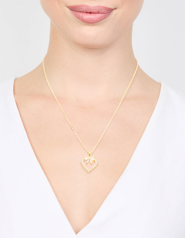 Gold Plated Cubic Zirconia Heart & Bow Pendant Necklace