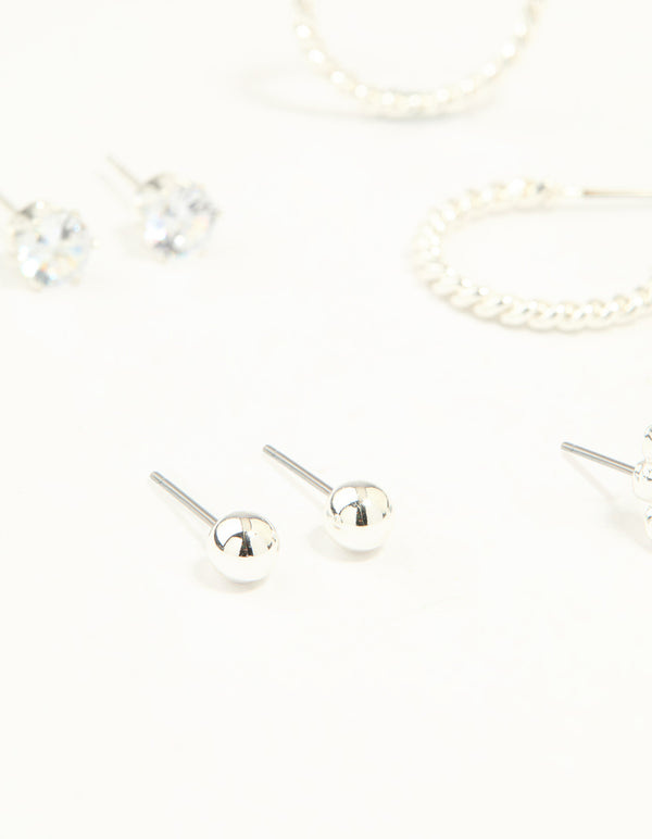 Silver Diamante Mixed Stud & Hoop Earrings 7-Pack