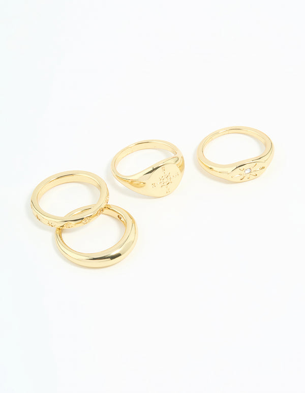 Gold Plated Compass & Star Stacking Rings 4-Pack
