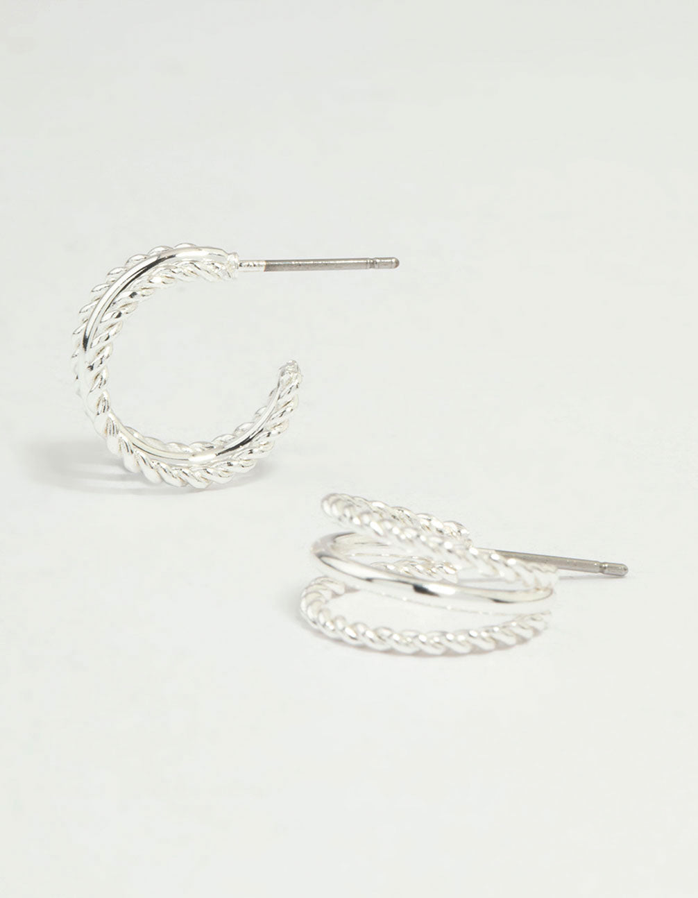 Silver Twisted & Plain Triple Hoop Earrings