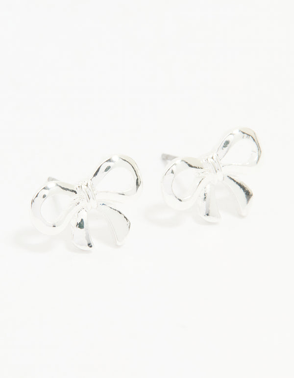 Silver Ribbon Bow Stud Earrings