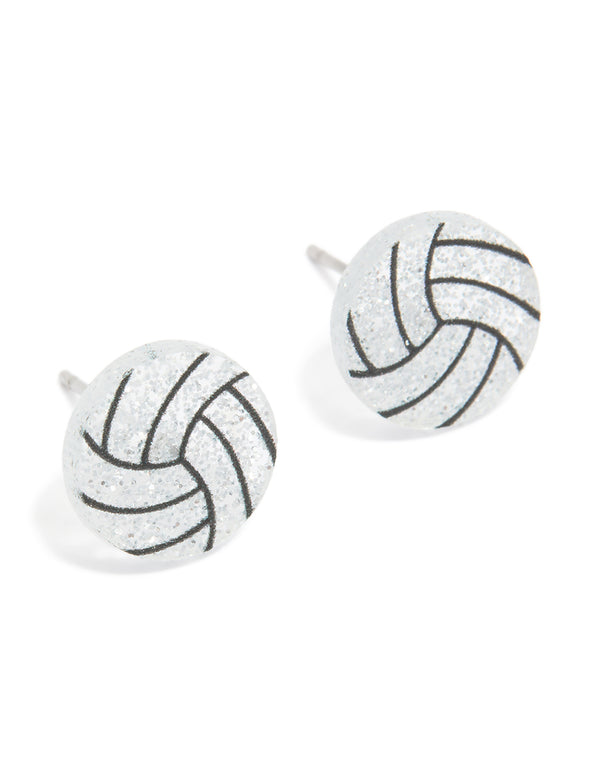Elegantly crafted silver netball stud earrings with glitter finish front view