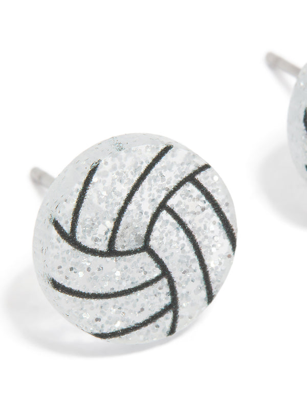 Impeccably designed silver netball stud earrings with glitter finish close up view