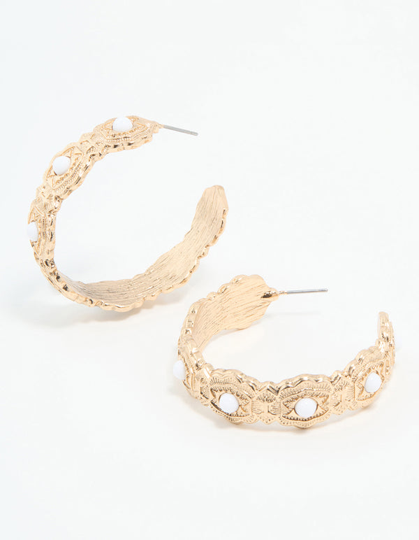 Gold Pearl Textured Hoop Earrings