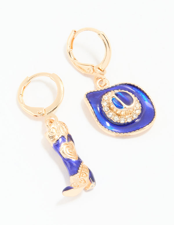 Gold Blue Enamel Mixed Cowgirl Huggie Earrings