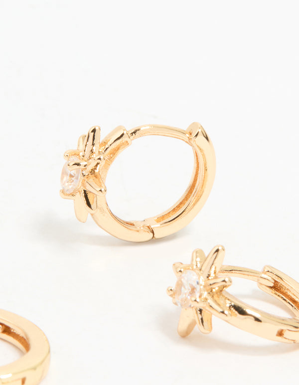 Gold Cubic Zirconia Mixed Cross Huggie & Stud Earrings 3-Pack