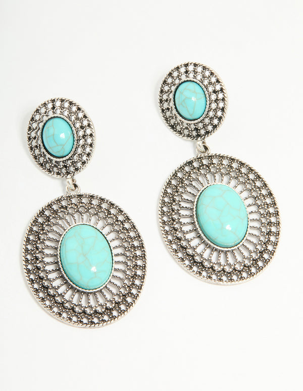 Antique Silver Turquoise Double Circle Net Drop Earrings