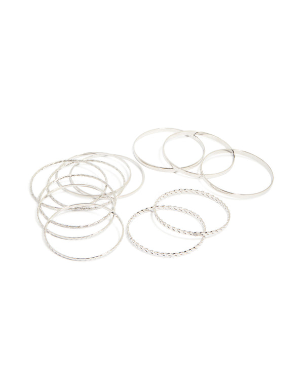 Featuring antique silver molten textured bangles pack front view