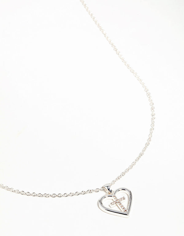 Silver Plated Heart & Cross Pendant Necklace