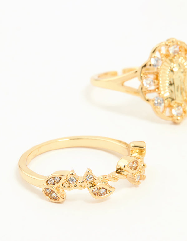 Gold Plated Cubic Zirconia Mary & Floral Rings 2-Pack