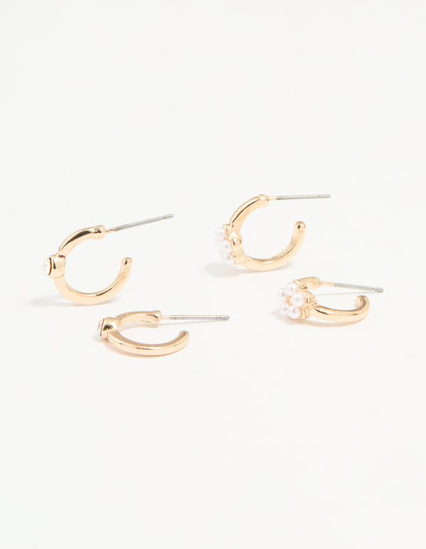 Gold Diamante Pearl Flower Hoop Earrings 2-Pack