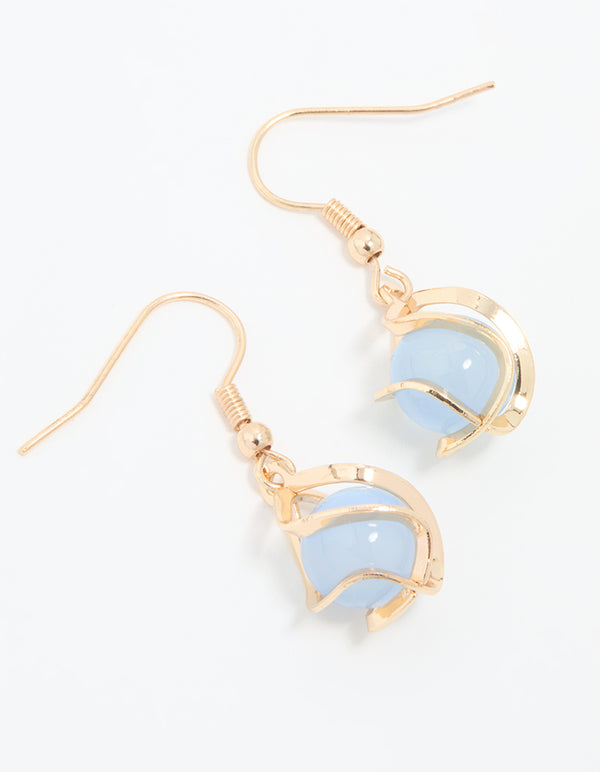 Gold Wire Wrapped Blue Beaded Drop Earrings
