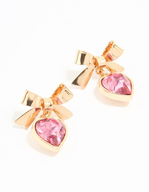 Gold Pink Diamante Heart & Bow Drop Earrings