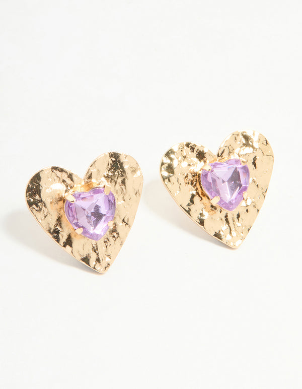 Gold Purple Diamante Heart Center Stud Earrings