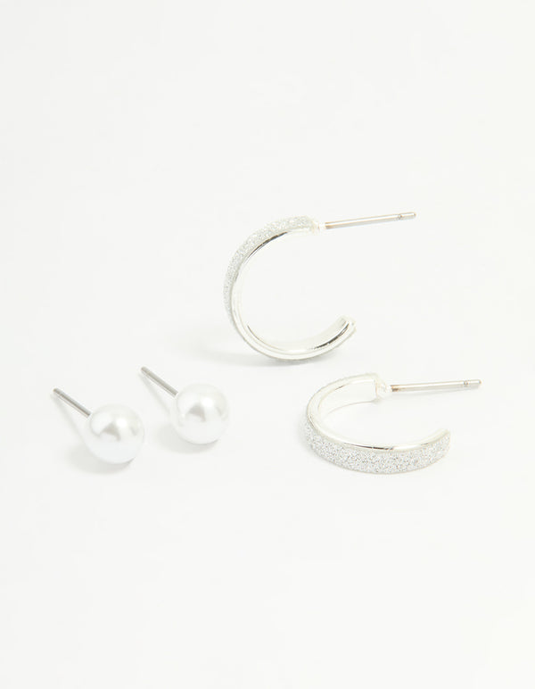 Silver Glitter Paper & Pearl Stud Earrings 2-Pack