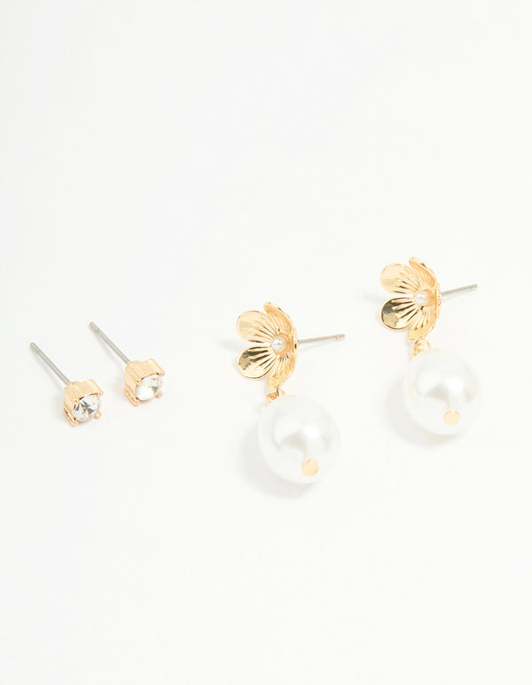 Gold Pearl Flower & Diamante Stud Earrings 2-Pack