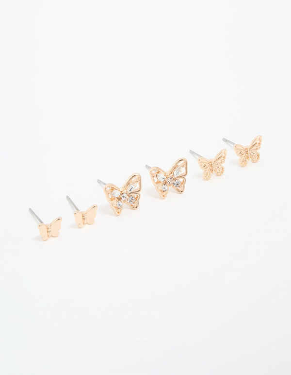 Gold Diamante & Sleek Butterfly Stud Earrings 3-Pack